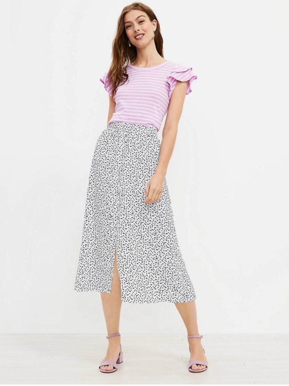 LOFT White Floral Button Pull Midi Skirt with Black Dot Print Like New size- S